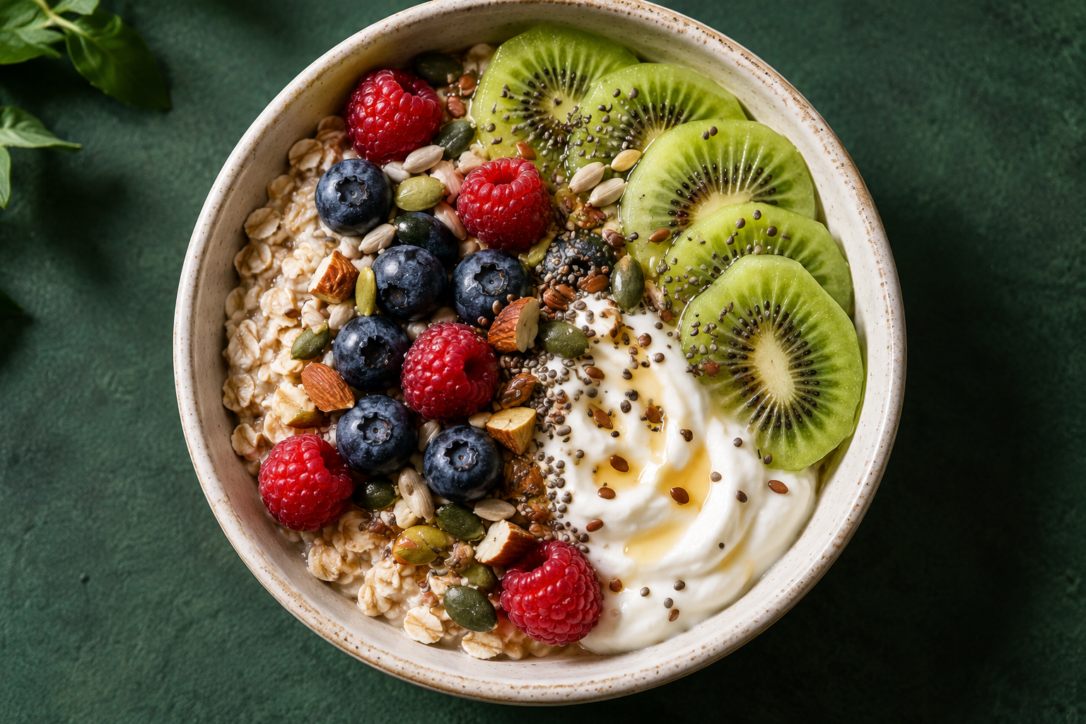 Colourful breakfast bowl with oats, yoghurt, berries, kiwi and seeds